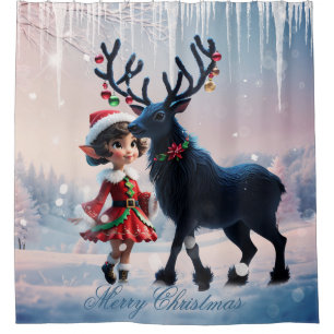 Cute Christmas elf and dark reindeer.