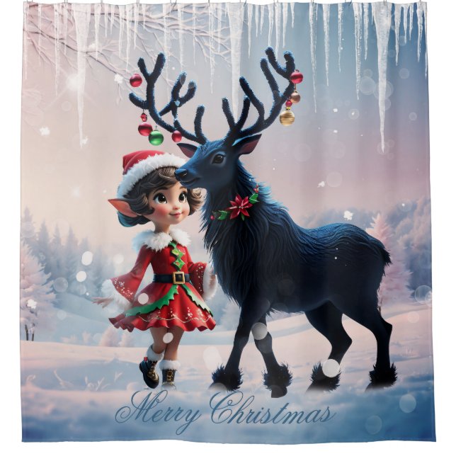 Cute Christmas elf and dark reindeer. (Front)