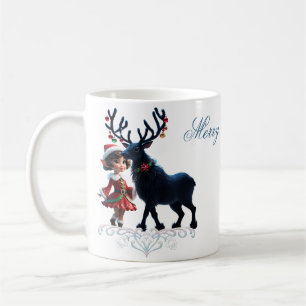 Cute Christmas elf and dark reindeer. Coffee Mug