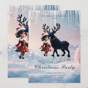 Cute Christmas elf and dark reindeer.  Invitation