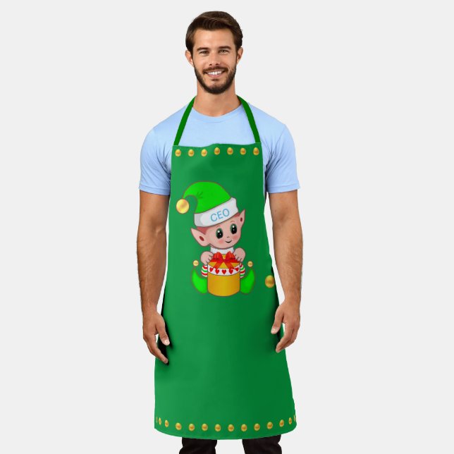 Cute Christmas Elf and Golden Confetti on Green Apron (Worn)
