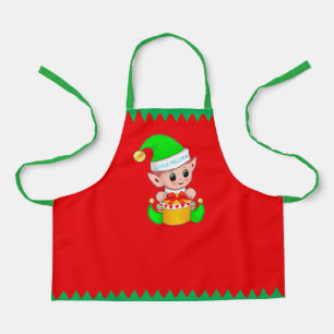 Cute Christmas Elf and Green Stripes on Red Apron