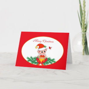 Cute Christmas Elf & Bird on Red & White Holiday Card