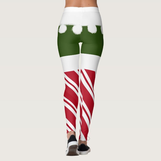 Cute Christmas Elf Candy Cane White Furry Tassels Leggings (Back)