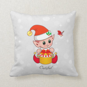 Cute Christmas Elf & Cardinal Red Bird on Silver Throw Pillow