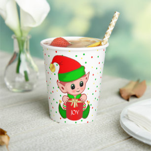 Cute Christmas Elf & Confetti Paper Cups