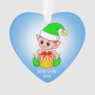 Cute Christmas Elf, Custom Name on Light Blue Ornament
