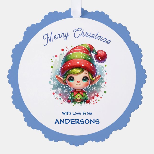 Cute Christmas Elf custom Ornament Card (Front)
