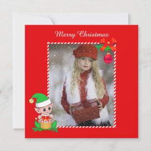 Cute Christmas Elf & Custom Photo on Red