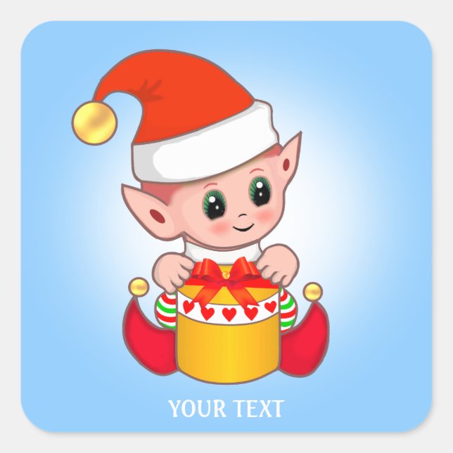 Cute Christmas Elf & Custom Text on Light Blue Square Sticker (Front)