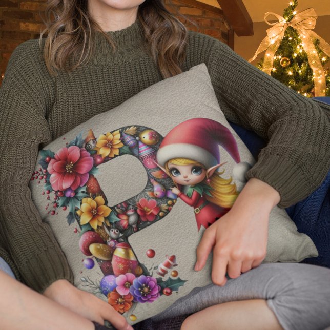 Cute Christmas Elf Festive P Faux Tan Leather Throw Pillow (Creator Uploaded)