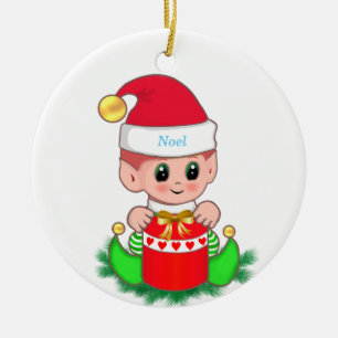 Cute Christmas Elf & Gift Box Ceramic Ornament