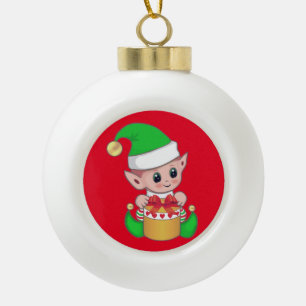Cute Christmas elf & gift box on red Ceramic Ball Christmas Ornament