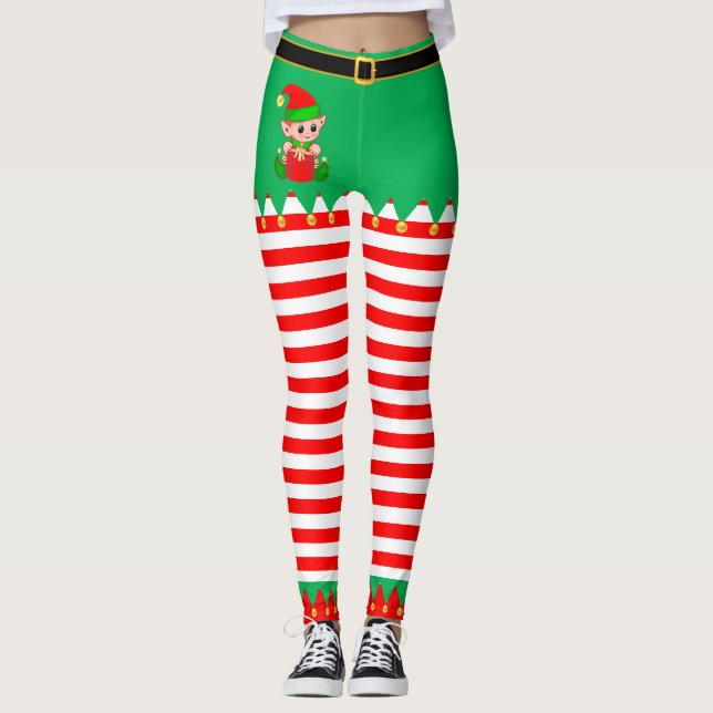Cute Christmas Elf & Gold Jingle Bells Leggings (Front)