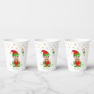 Cute Christmas Elf & Golden Star Confetti Paper Cups