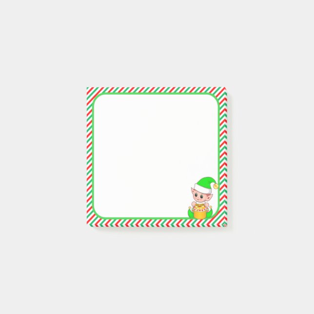 Cute Christmas Elf  & Green, Red & White Frame Post-it Notes (Front)