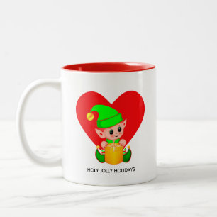 Cute Christmas Elf & Heart  Two-Tone Coffee Mug