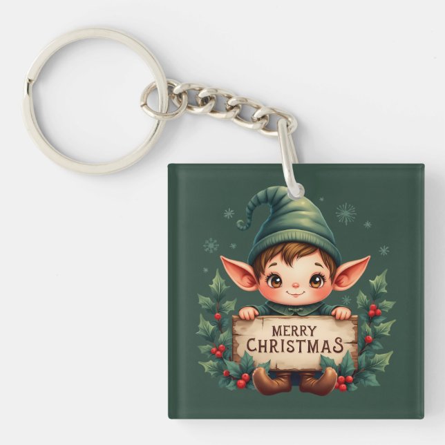 Cute Christmas Elf Holding Merry Sign Green (Devant)