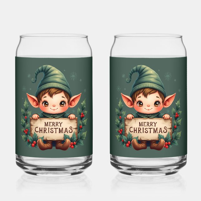 Cute Christmas Elf Holding Merry Sign Green (Recto)