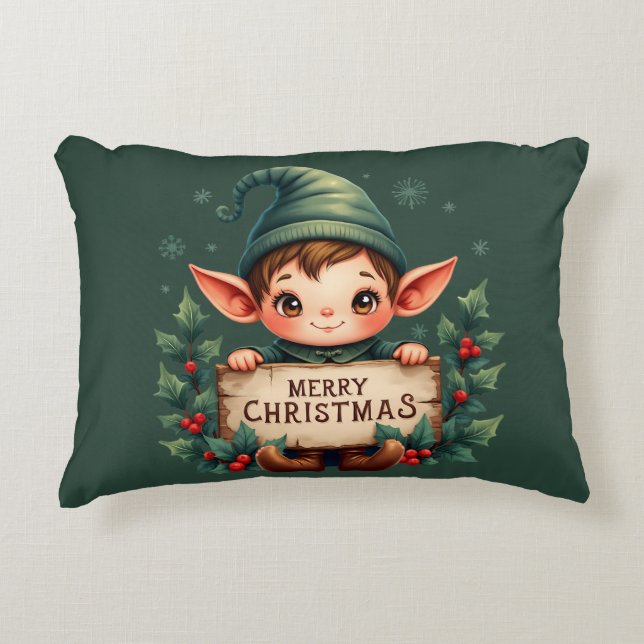 Cute Christmas Elf Holding Merry Sign Green Accent Pillow (Front)