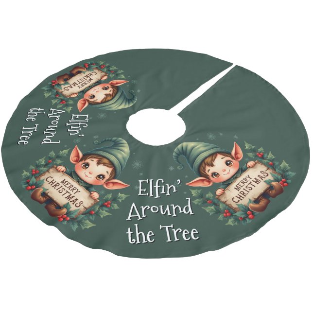 Cute Christmas Elf Holding Merry Sign Green Brushed Polyester Tree Skirt (Angled)