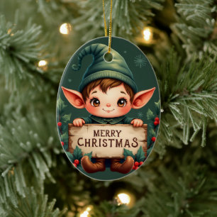Cute Christmas Elf Holding Merry Sign Green Ceramic Ornament