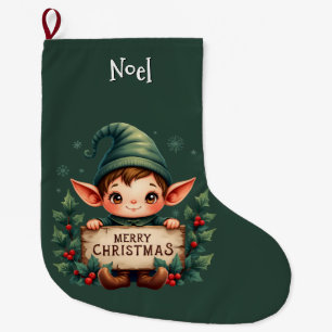 Cute Christmas Elf Holding Merry Sign Green Large Christmas Stocking