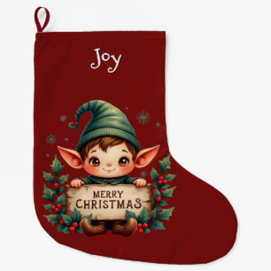 Cute Christmas Elf Holding Merry Sign Green Large Christmas Stocking