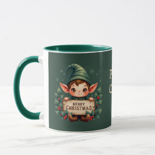 Cute Christmas Elf Holding Merry Sign Green Mug