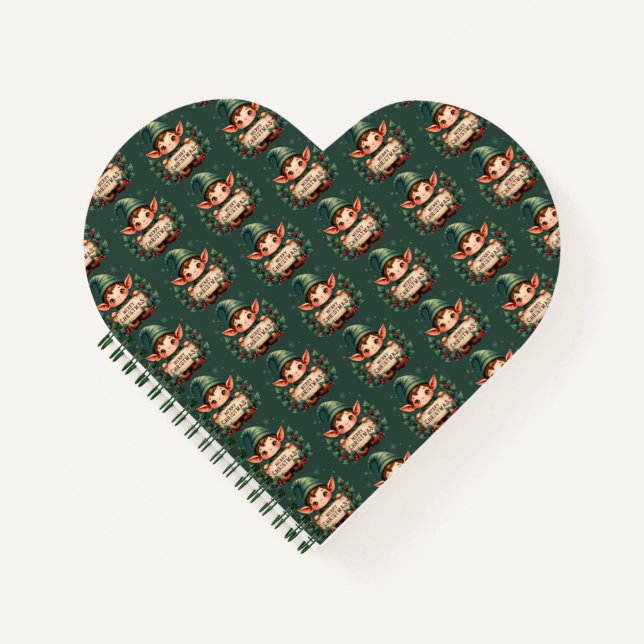 Cute Christmas Elf Holding Merry Sign Green Notebook (Front)