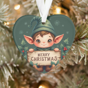 Cute Christmas Elf Holding Merry Sign Green Ornament