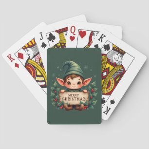 Cute Christmas Elf Holding Merry Sign Green Playing Cards