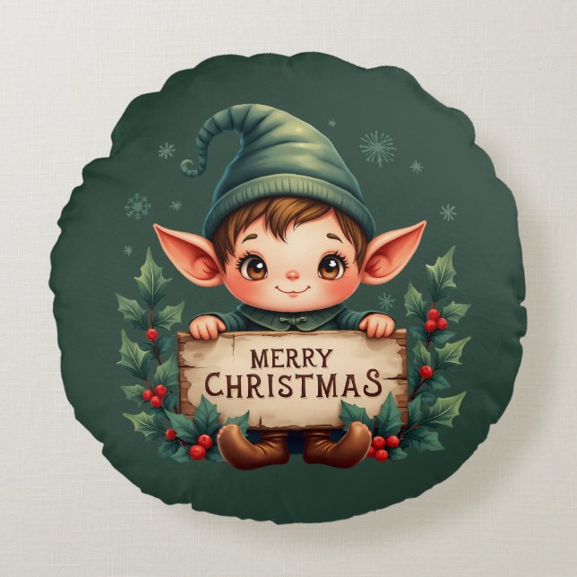 Cute Christmas Elf Holding Merry Sign Green Round Pillow (Front)