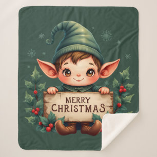 Cute Christmas Elf Holding Merry Sign Green Sherpa Blanket