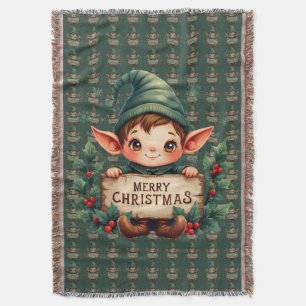 Cute Christmas Elf Holding Merry Sign Green Throw Blanket
