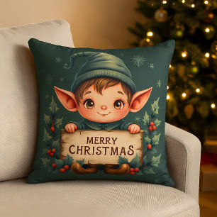 Cute Christmas Elf Holding Merry Sign Green Throw Pillow