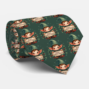 Cute Christmas Elf Holding Merry Sign Green Tie
