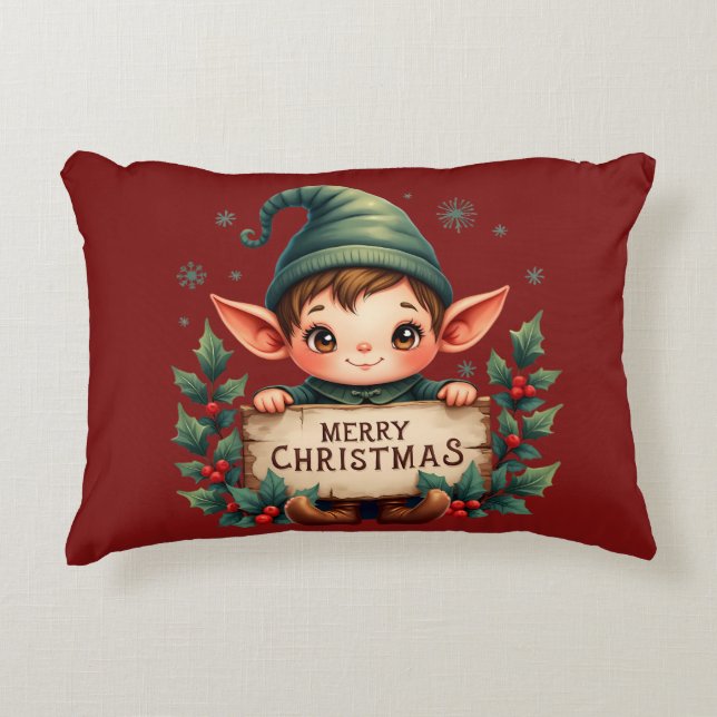 Cute Christmas Elf Holding Merry Sign Red Accent Pillow (Front)