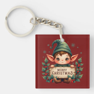 Cute Christmas Elf Holding Merry Sign Red Keychain