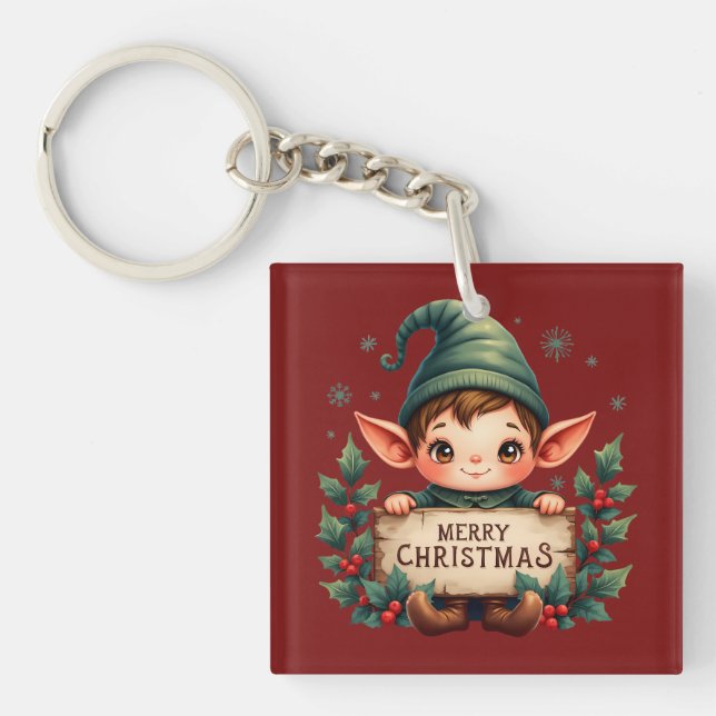 Cute Christmas Elf Holding Merry Sign Red Keychain (Front)