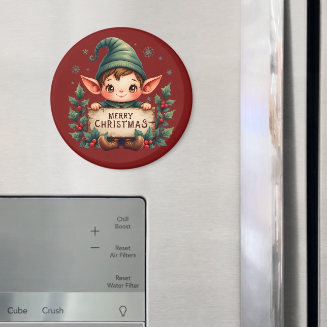 Cute Christmas Elf Holding Merry Sign Red Magnet (In Situ (Fridge))