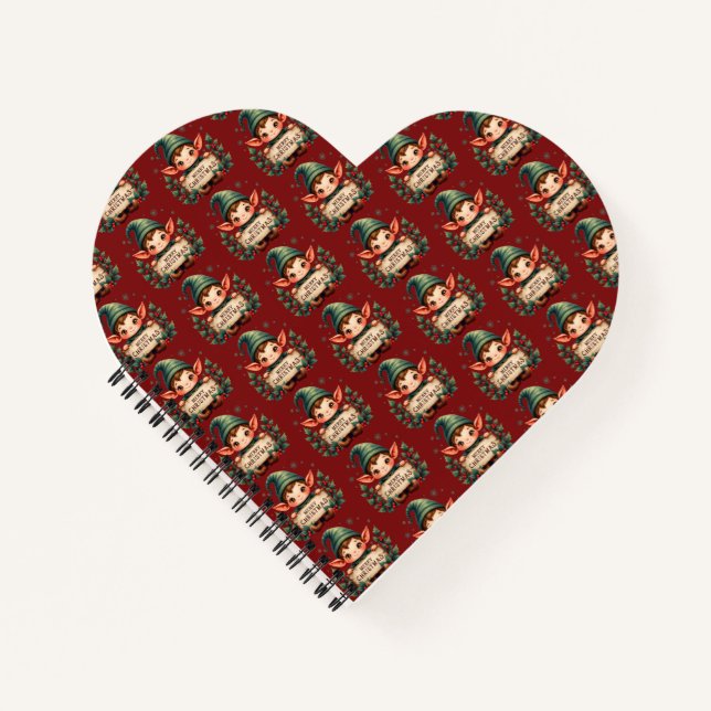 Cute Christmas Elf Holding Merry Sign Red Notebook (Front)