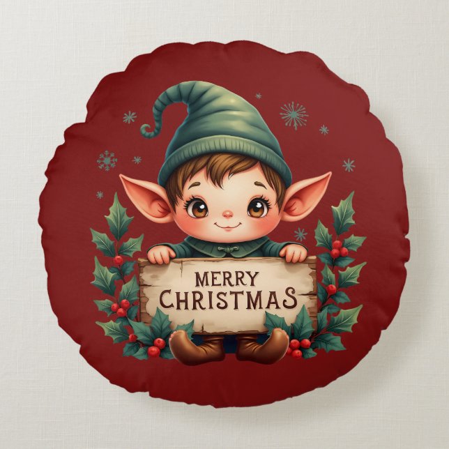 Cute Christmas Elf Holding Merry Sign Red Round Pillow (Front)