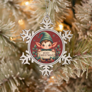 Cute Christmas Elf Holding Merry Sign Red Snowflake Pewter Christmas Ornament