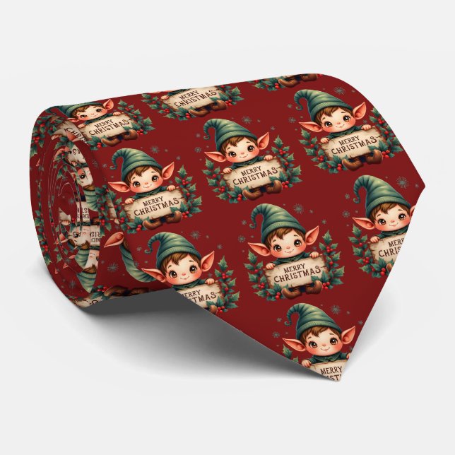 Cute Christmas Elf Holding Merry Sign Red Tie (Rolled)