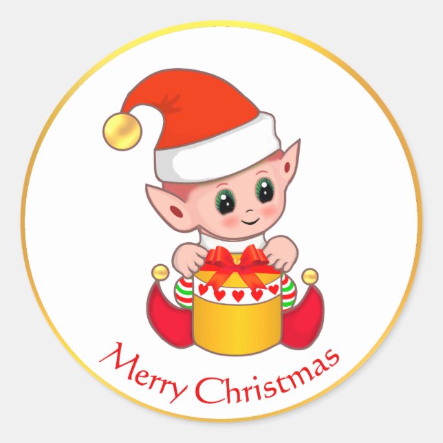 Cute Christmas Elf on Golden & White Classic Round Sticker (Front)