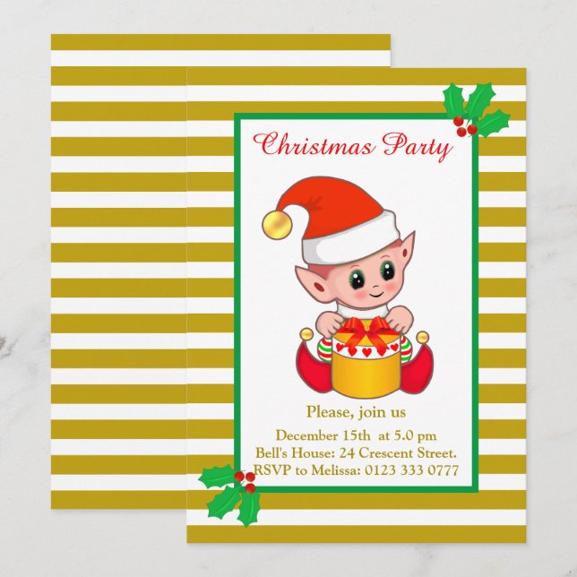 Cute Christmas Elf on Golden & White Invitation (Front/Back)