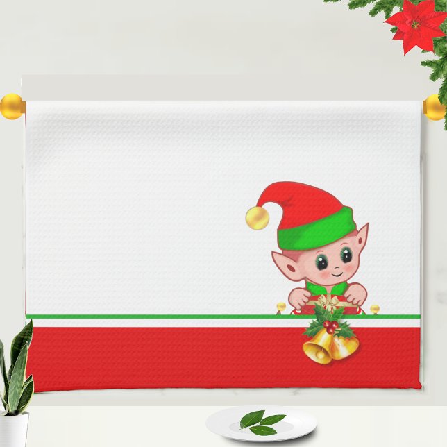 Cute Christmas Elf on Green, Red and White Kitchen Towel (Creator Uploaded)