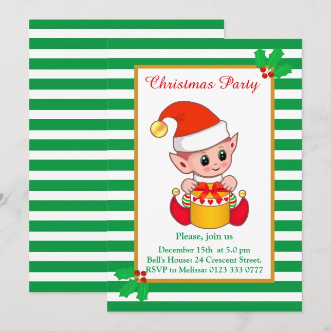 Cute Christmas Elf on Green White Party Invitation (Front/Back)
