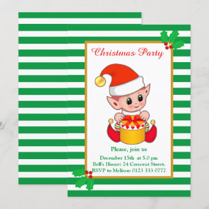 Cute Christmas Elf on Green White Party Invitation
